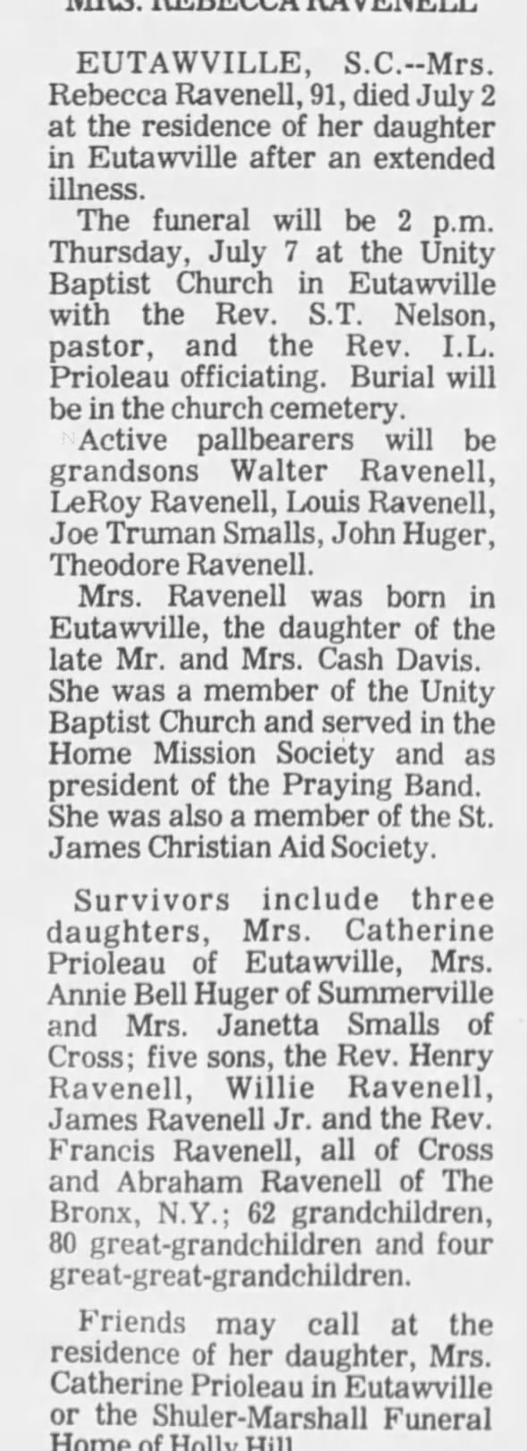 Obituary for Rebecca Ravenell (Aged 91)